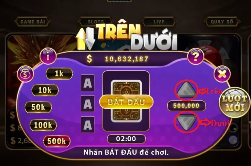 Sự lựa chọn trên bàn chơi Trên Dưới Hit Club