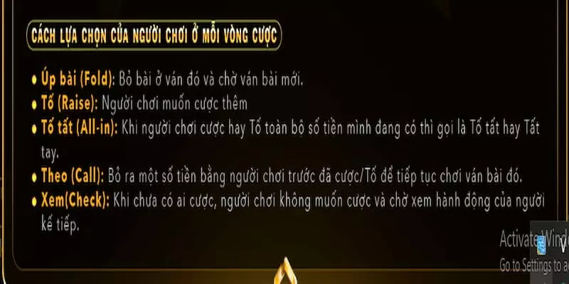 Các lựa chọn trong một ván bài Poker Hit club 