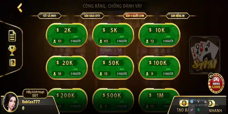 Các nút lệnh giao diện của game bài Sâm 